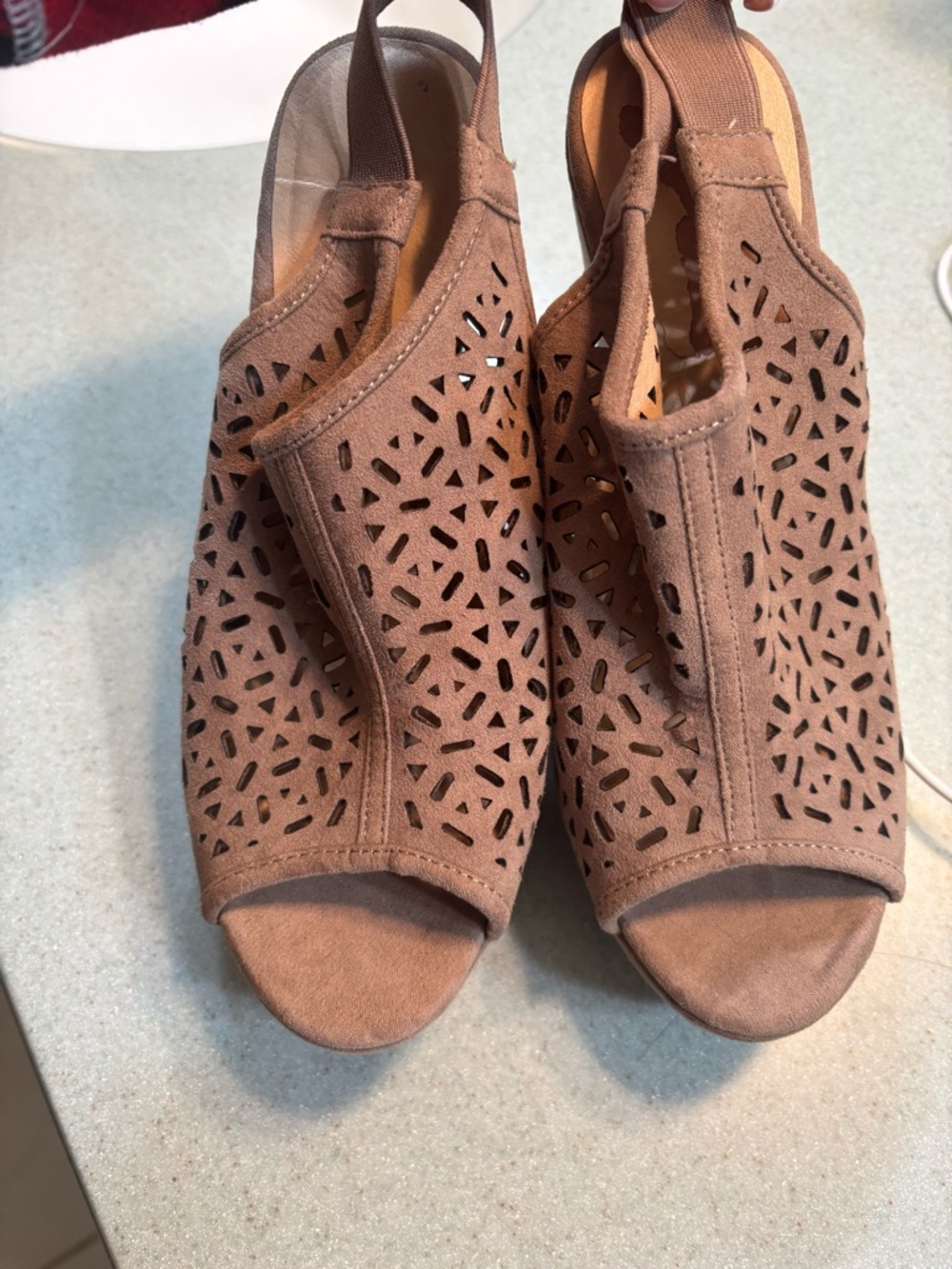 Chinese Laundry Taupe Laser-Cut Peep-Toe Slingback Mules